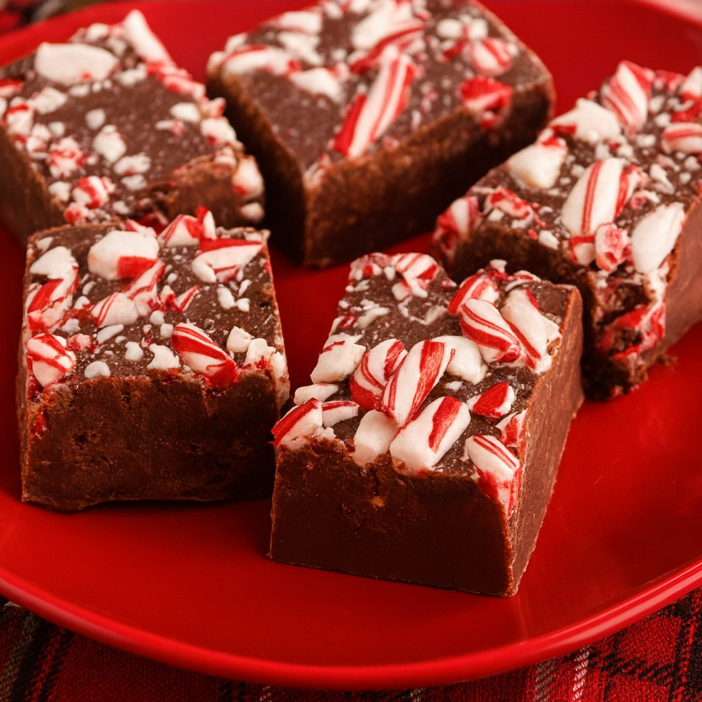 Photo of Candy Cane Fudge on a red plate
